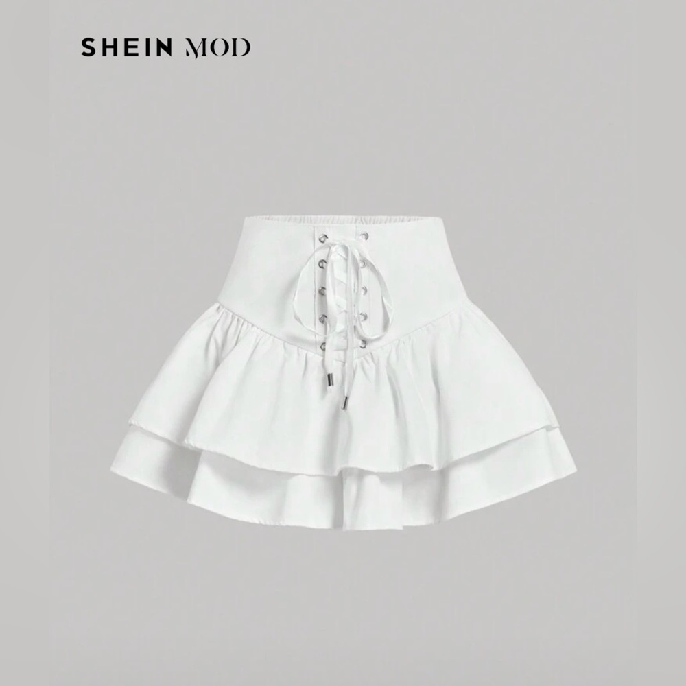 NEW SHEIN White Lace-Up Ruffle Hem Skirt with Attached Shorts Size L NWOT